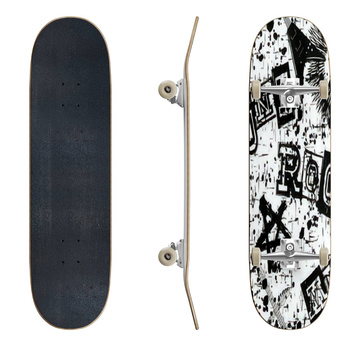 Abstract Black & White Punk Skull & Guitar Skateboard Deck - Classic Concave Design for Longboard & Street Skating | Perfect for Beginners, Pros & Extreme Sports Enthusiasts | Cool Teen Gifts for Skate Parks, Urban Commuting & Freestyle Tricks