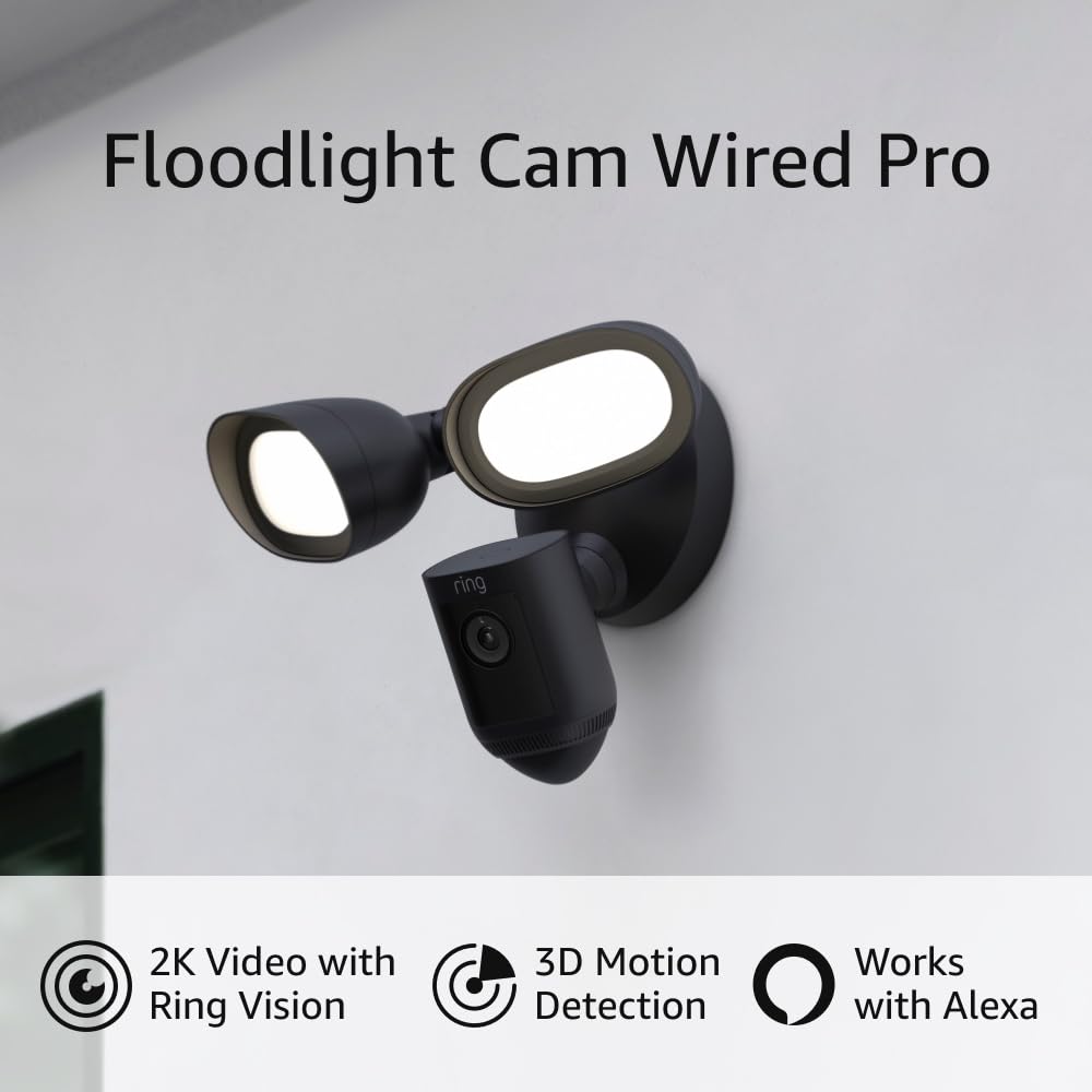 Like-New Ring Floodlight Cam Wired Pro with Bird’s Eye View & 3D Motion Detection (2021) - Black | Outdoor Security Camera for Home Protection, Driveway Monitoring & Night Vision Surveillance