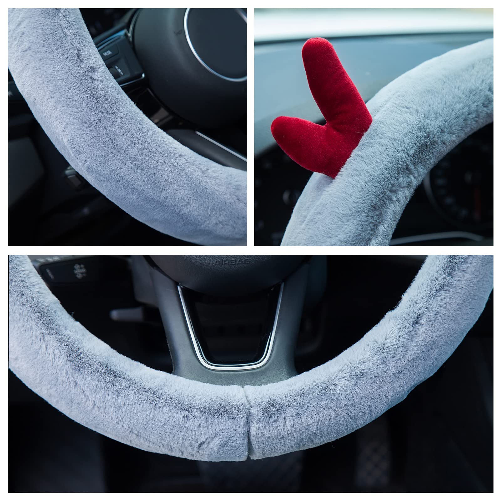 Ergocar Round Plush Steering Wheel Cover - Soft Anti-Slip Winter Car Accessory with Cute Cartoon Antler Design, 15 Inch (38cm) Grey - Perfect for Cold Weather Driving & Stylish Car Interior Upgrade