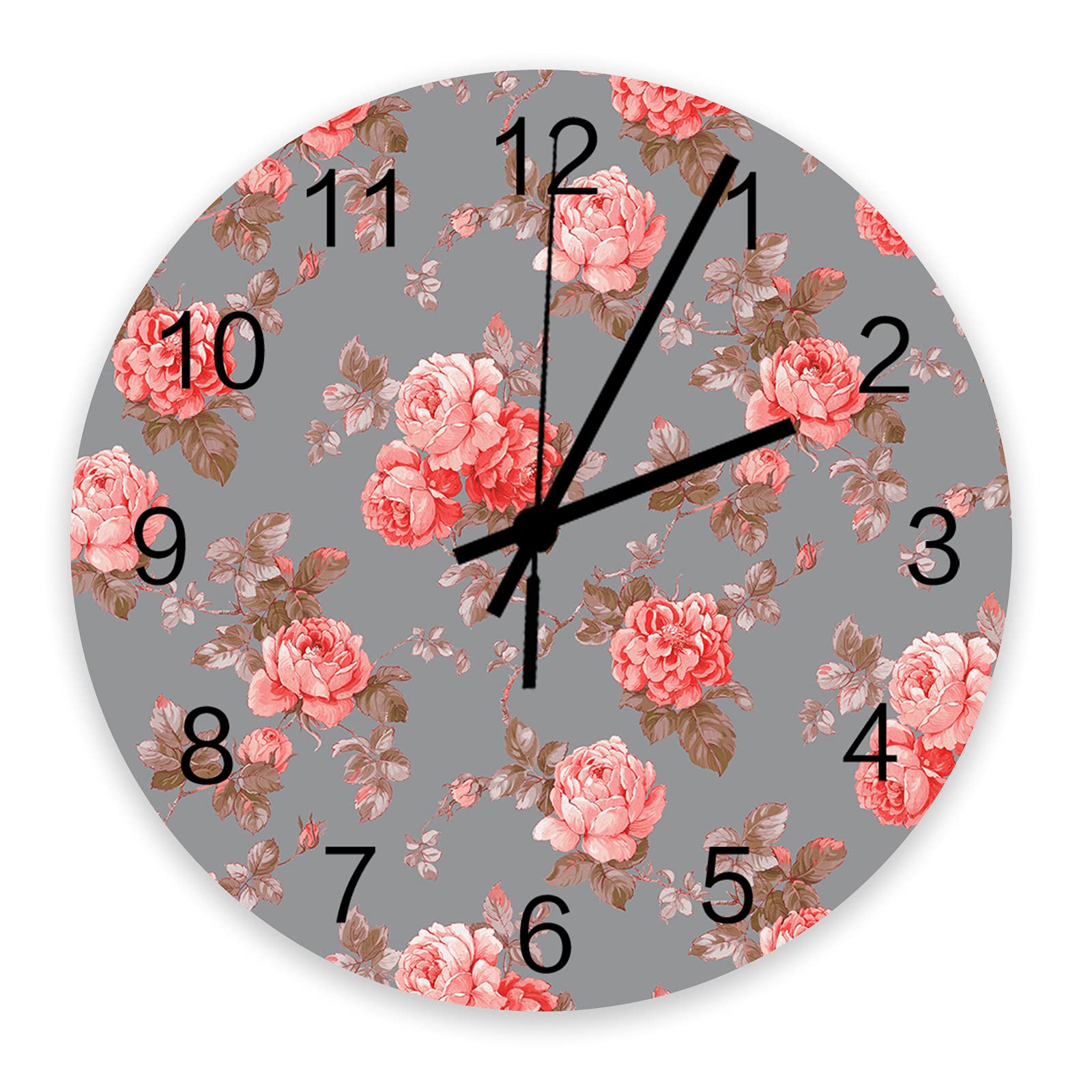 12 Inch Silent Non-Ticking Wall Clock - Battery Operated Quartz Clock with Watercolor Pink Rose Flowers on Gray Background - Easy to Read Home Decor for Bedroom, Living Room, Office & Kitchen - Perfect for Home, Office & Gift Giving