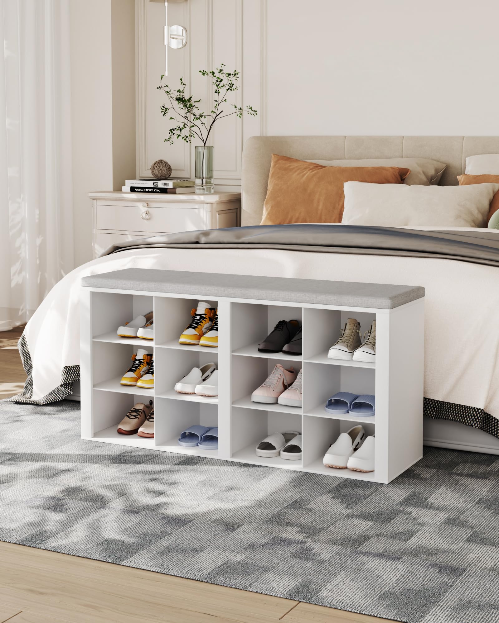 White Shoe Bench with Cushion - 12-Cubby Entryway Storage Bench with Adjustable Shelves | Shoe Organizer Cabinet for Living Room, Bedroom & Hallway | Perfect for Small Spaces, Apartment Entry & Shoe Storage Solutions