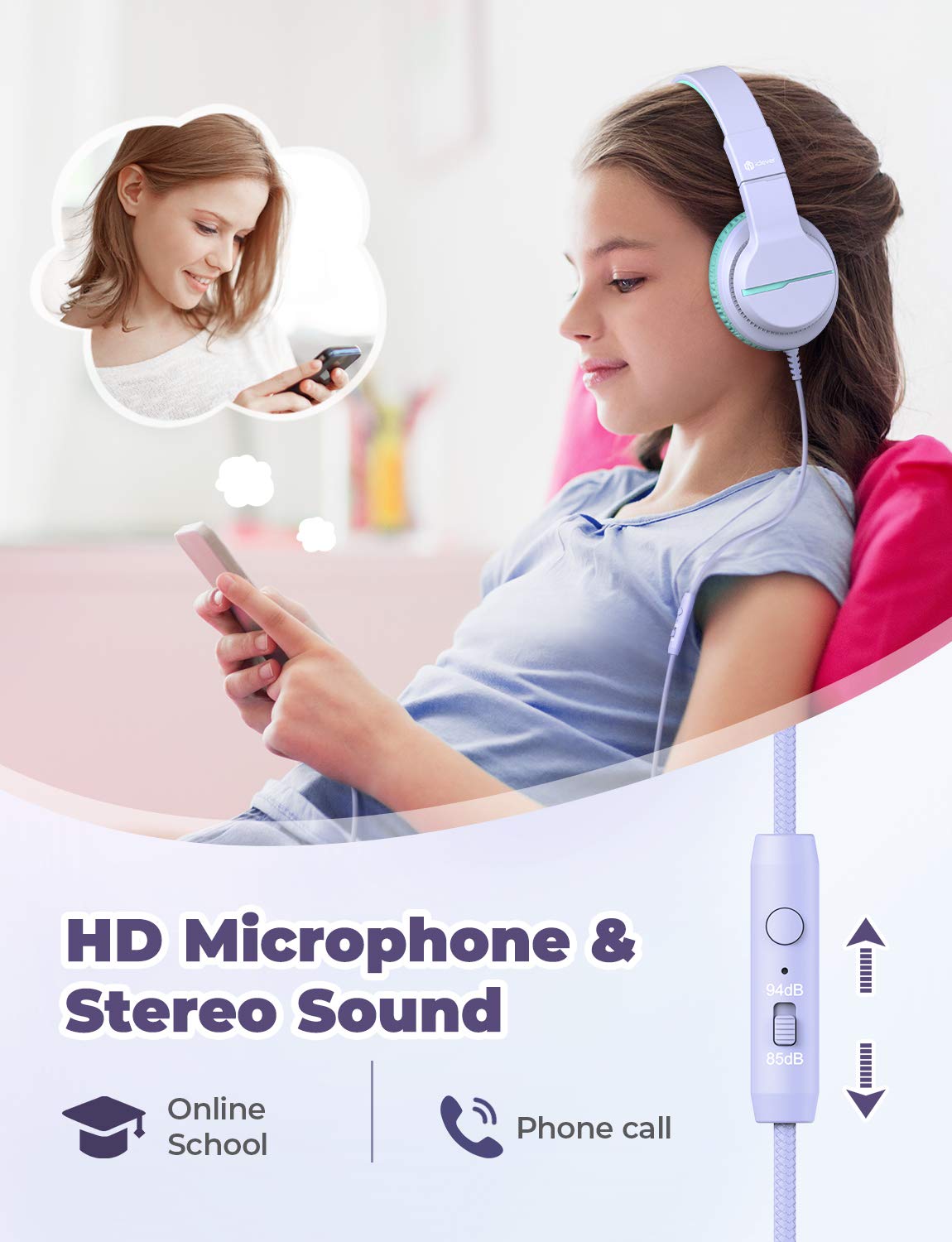 iClever Kids Headphones with Volume Limiter (74/85dB) - Stereo Over-Ear Wired Headset with Built-in Mic for School, Travel & Online Learning - Compatible with iPad, Computer, Laptop - Foldable Design (2 Pack) - Perfect for Classroom, Airplane & Homeschooling