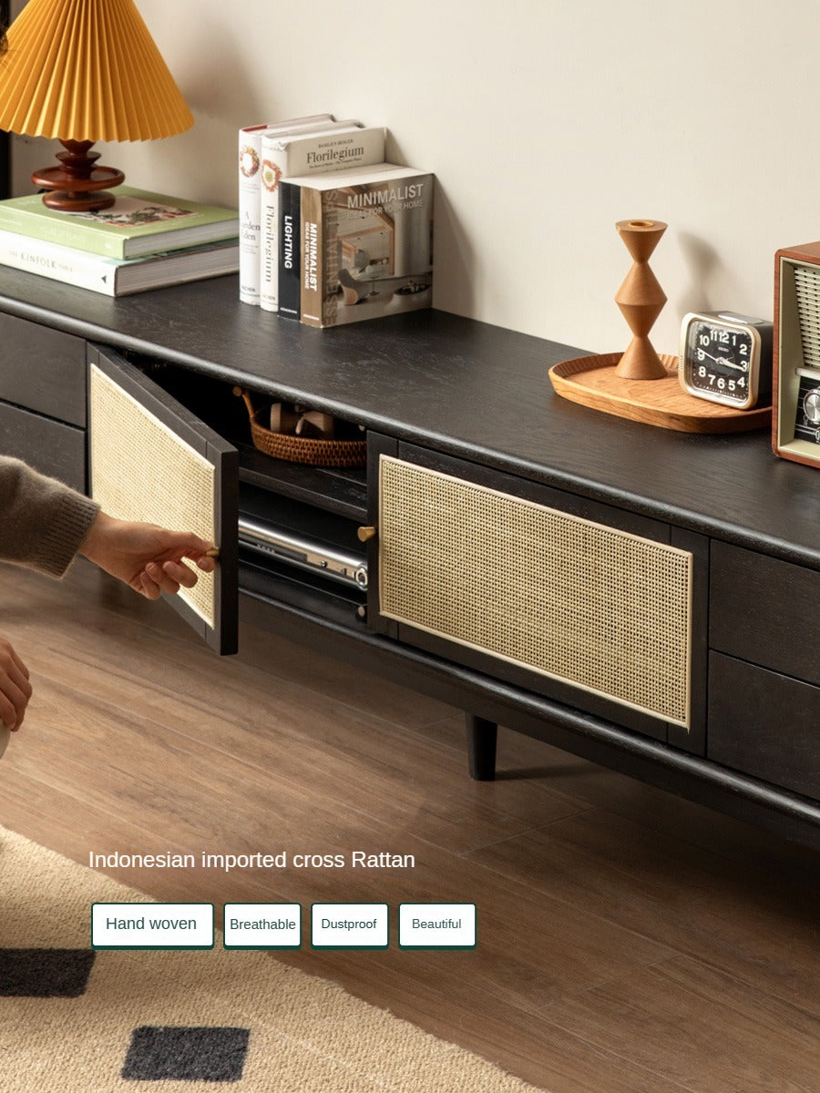 Solid Oak Wood Rattan TV Stand with 4 Drawers - Smoked Finish for Living Room, Bedroom & Home Theater Storage