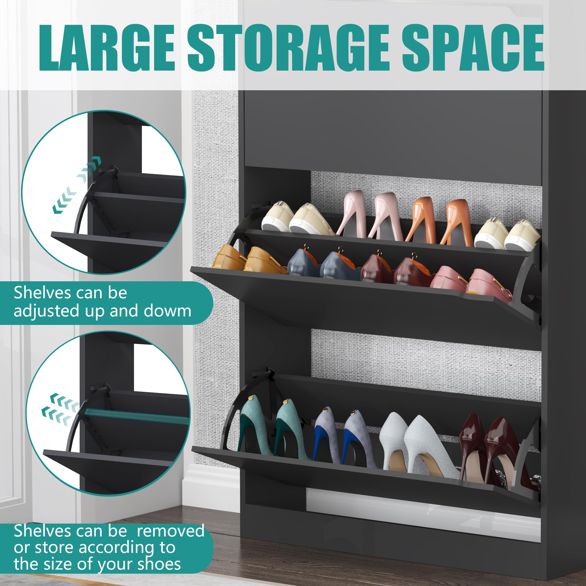 Modern Shoe Cabinet with 3 Flip Drawers - Entryway & Hallway Storage Organizer, Black (9.33