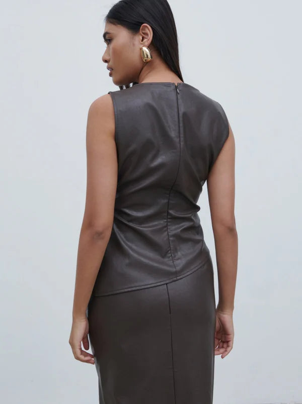 Maeve High Neck Faux Leather Top for Women - Dark Chocolate Brown Vegan Leather Shirt, Chic Long Sleeve Blouse for Party, Date Night & Office Wear
