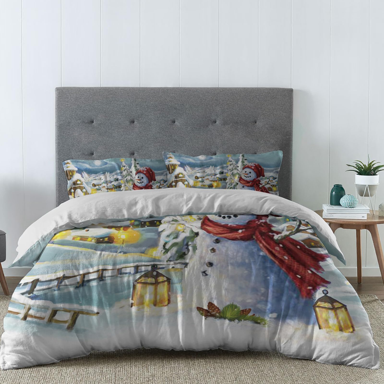 3 Piece Twin Size Christmas Village Snowman Duvet Cover Set with 2 Pillow Shams - Lightweight Soft Comforter Cover - Snowman in Snowland Design - Perfect for Holiday Bedroom Decor & Winter Themed Guest Room