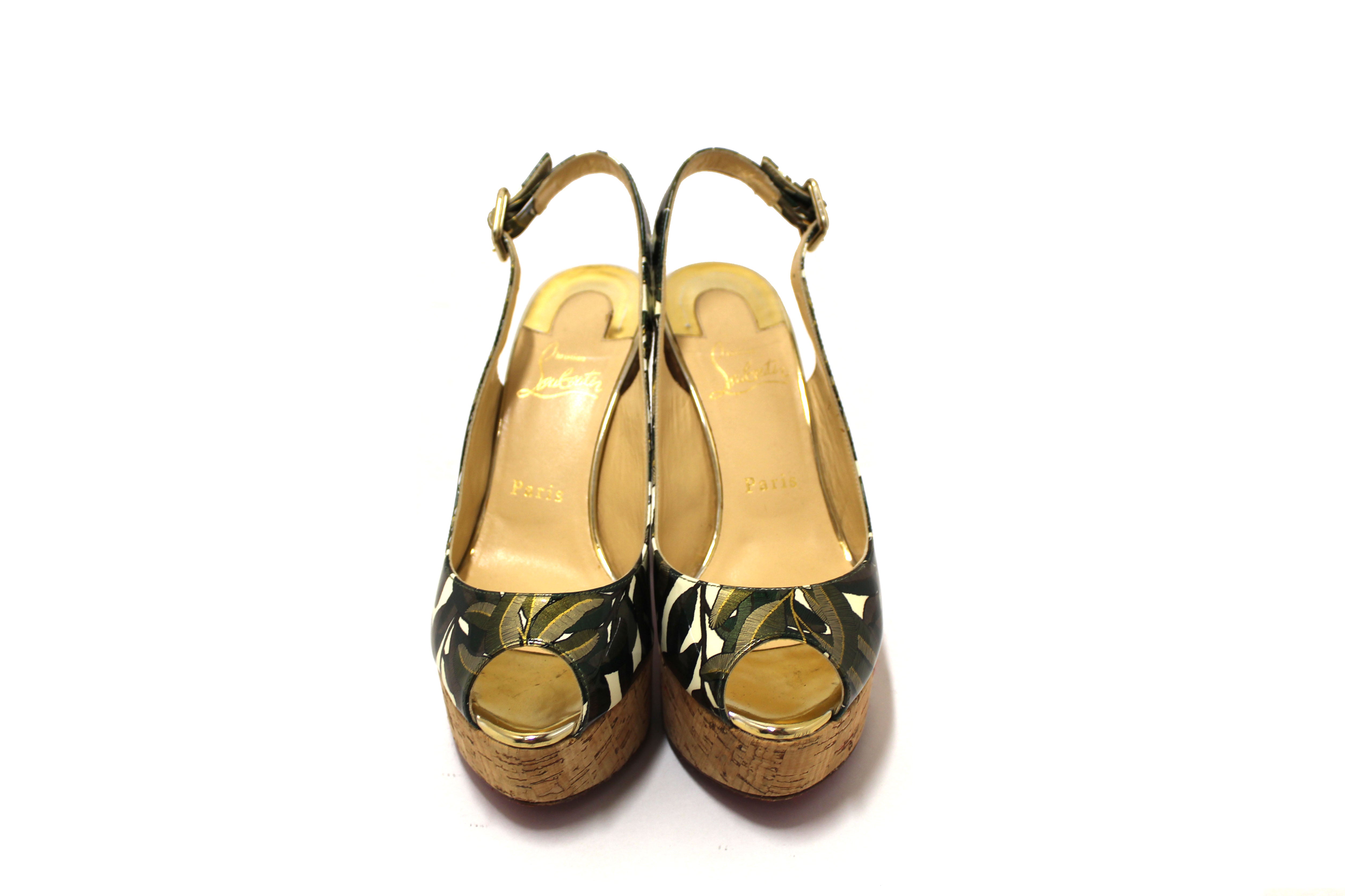 Authentic Christian Louboutin Dona Anna 120mm Palm Leaf Wedge Sandals - Women's Size 37 EU (US 7) - Perfect for Summer Weddings, Beach Vacations & Boho Fashion