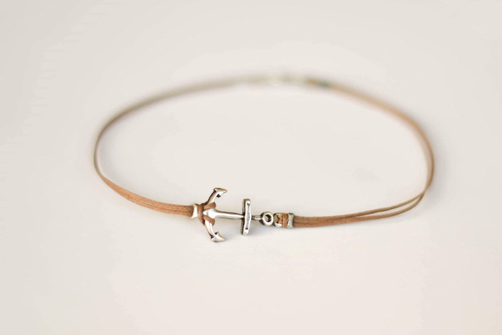 Men's Anchor Anklet - Silver Plated Anchor & Brown Cotton Cord Ankle Bracelet - Custom Nautical Gift for Him - Perfect for Skippers, Surfers, and Ocean Lovers