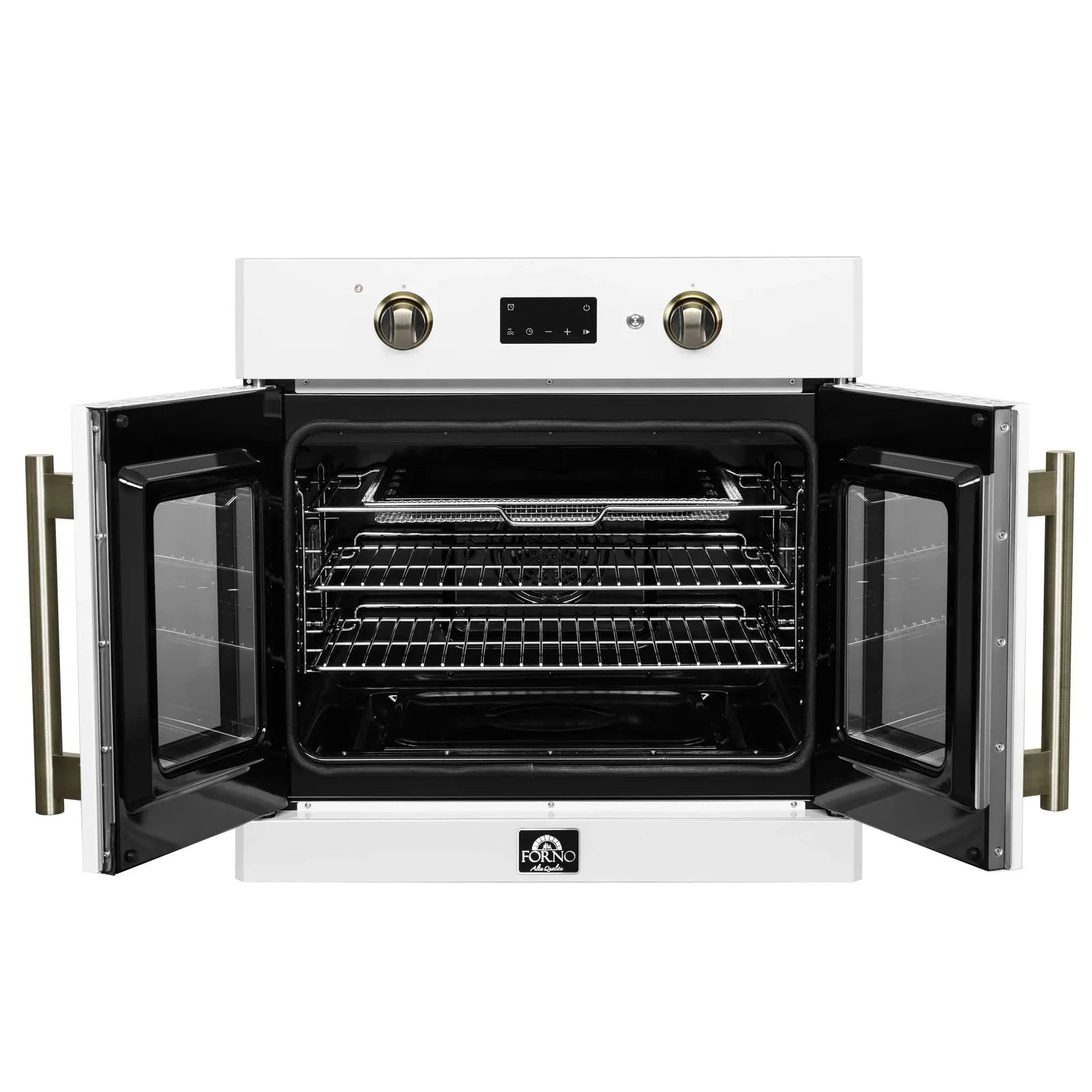 Forno Asti 30-Inch French Door Electric Wall Oven - White with Antique Brass Trim, Built-in Convection Oven, Self-Cleaning, FBOEL1333 30WHT - Perfect for Modern Kitchens & Home Baking