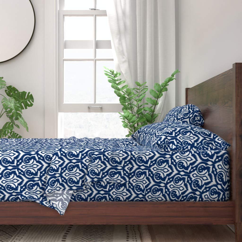 Spoonflower 100% Cotton Twin Sheet Set - 3 Piece Ikat Damask Midnight Navy Blue Vintage Print Custom Bedding for Home Decor & Victorian Style Bedrooms