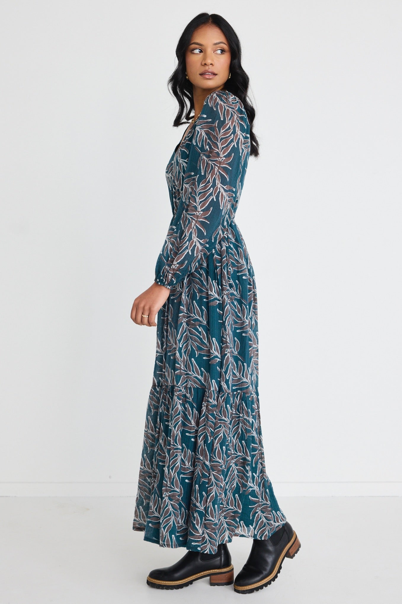 Aroha Forest Leaves Long Sleeve V-Neck Tiered Tie Waist Maxi Dress for Women - Boho Floral Summer Beach Wedding Party Dress