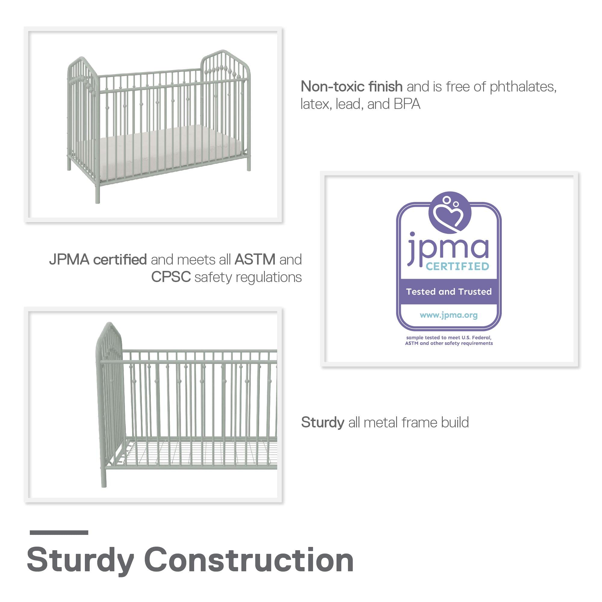 Novogratz Bushwick Metal Baby Crib with 3-Level Adjustable Mattress Height in Sage Green - Modern Nursery Essential for Newborns & Toddlers