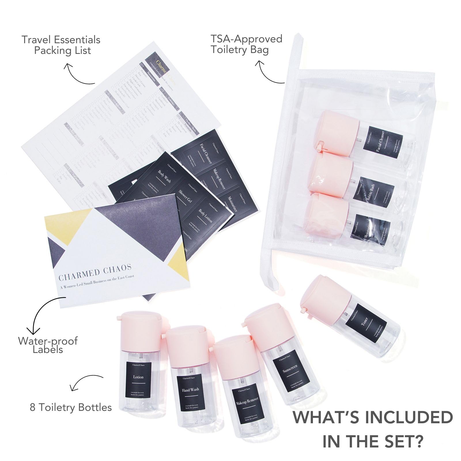 Premium Travel Toiletries Bottles Set - 8 Pack Fine Mist Spray Bottles (2.03oz) TSA Approved, Leak Proof & BPA Free for Shampoo, Lotion & Cosmetics - Perfect for Air Travel, Gym & Vacation (Pink)