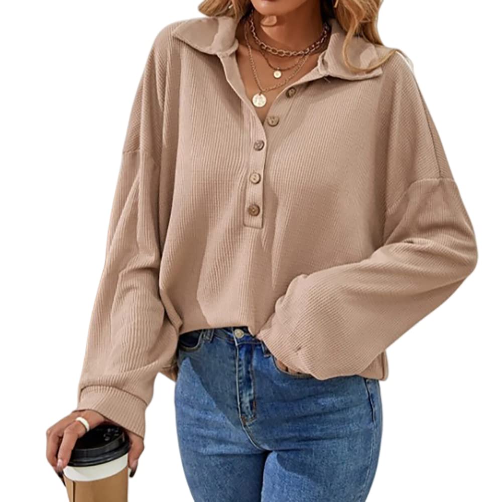 Mayntop Women's Pullover Sweater - Waffle Knit, Solid Color, Half Button, Batwing Sleeve, Turndown Collar, Loose Fit | Casual Wear, Office Outfits, Fall & Winter Fashion