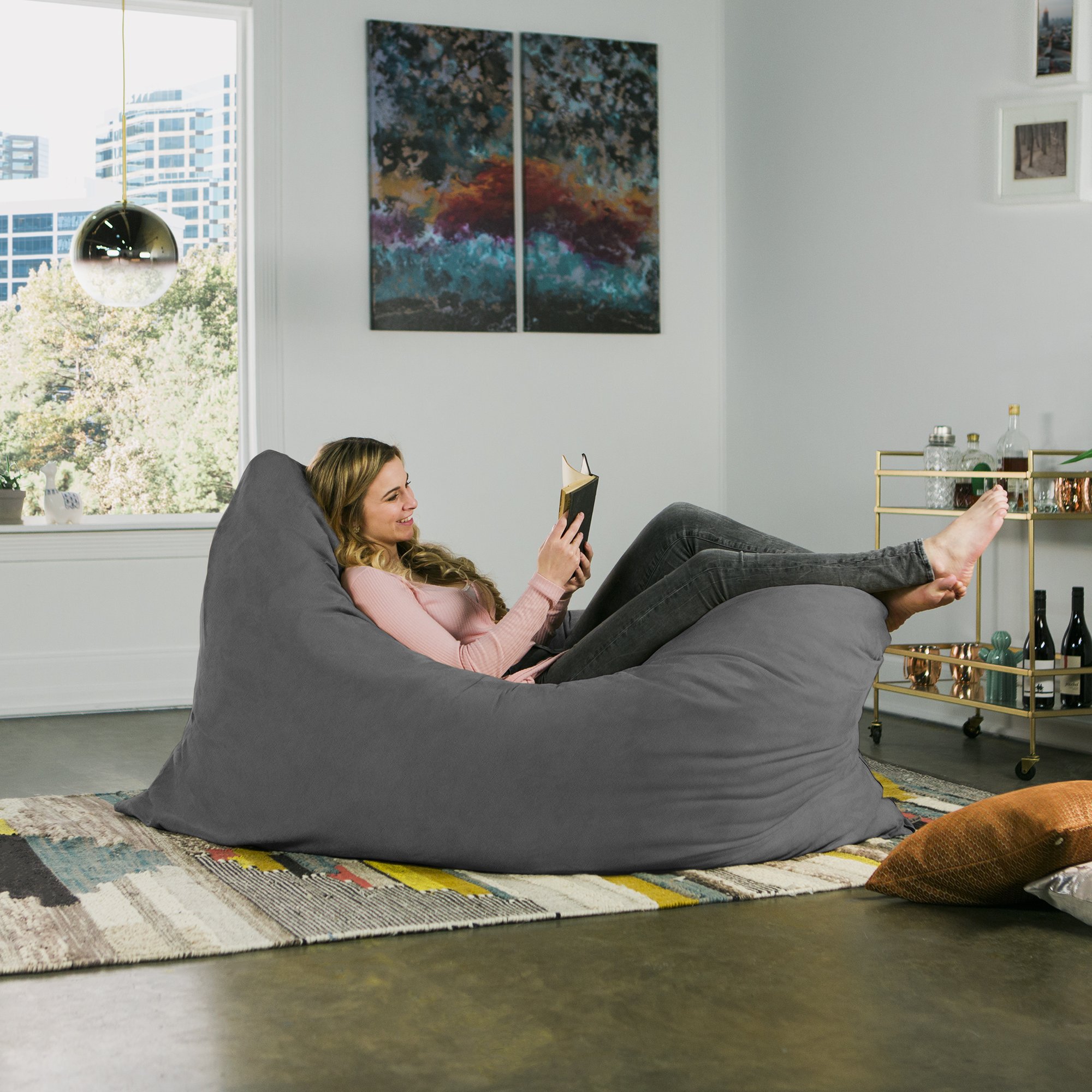 Jaxx Pillow Saxx 5.5-Foot Oversized Bean Bag Chair - Ultra Soft Floor Pillow Lounger for Adults & Teens, Charcoal Grey - Perfect for Gaming, Movie Nights & Dorm Room Relaxation