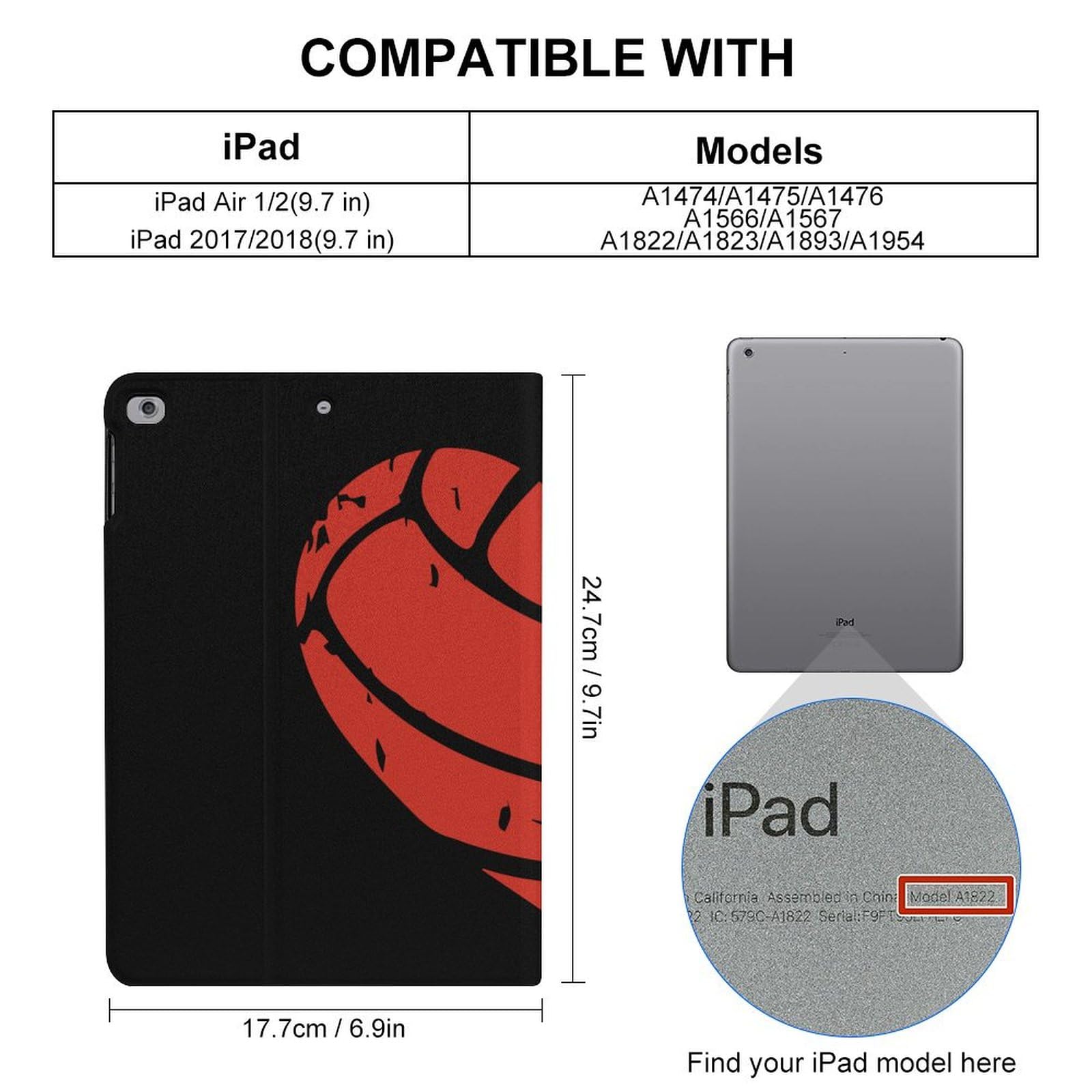 Volleyball Heart Slim Shockproof Waterproof Protective Case with Stand for iPad 2017/2018/Air 1/Air 2 (9.7 Inch) - Perfect for Sports Fans, Travel & Daily Use