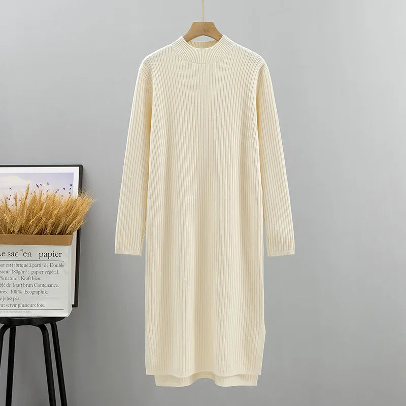Women's Thick Knitted Ribbed Sweater Dress - Autumn Winter Warm Casual Loose Fit Fashion Dress for Ladies | Perfect for Office, Dating, and Holiday Outfits
