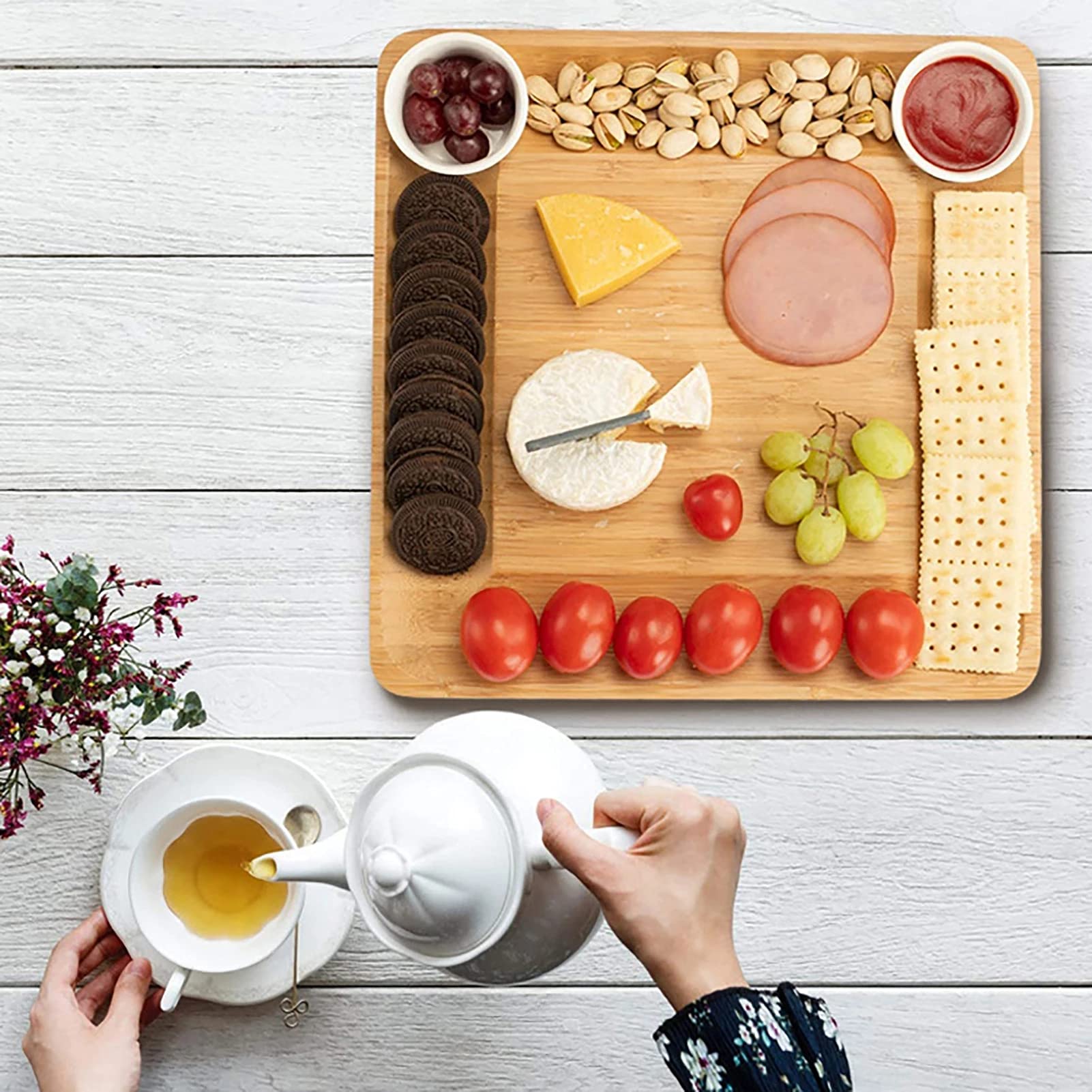 Premium Bamboo Cheese Board Set with Knives - Charcuterie Serving Tray, Wooden Cutting Board & Platter for Entertaining - Perfect for Wine Pairings, Charcuterie Nights & Dinner Parties