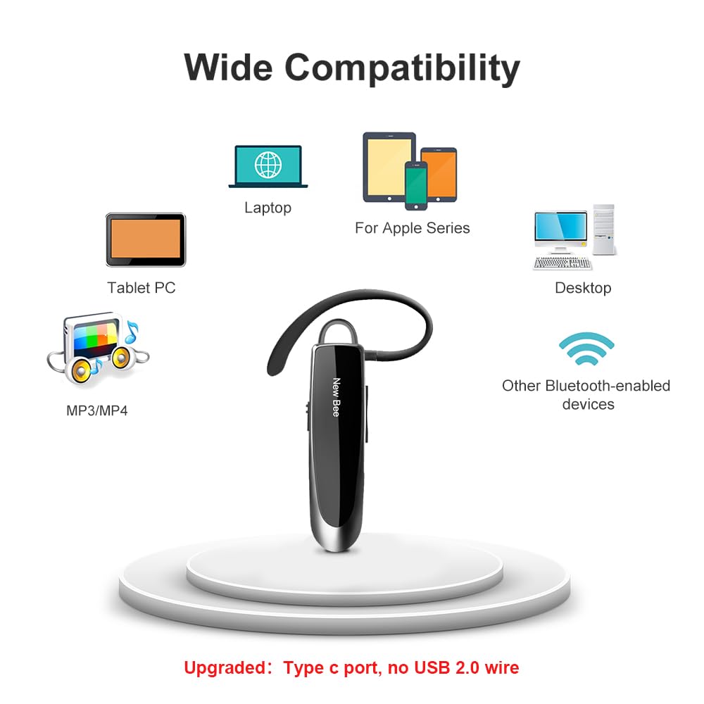New Bee V5.0 Bluetooth Headset - 24H Battery, Noise Cancelling Mic, Wireless Handsfree Earpiece for iPhone/Samsung/Android - Perfect for Driving, Office Calls & Mobile Gaming