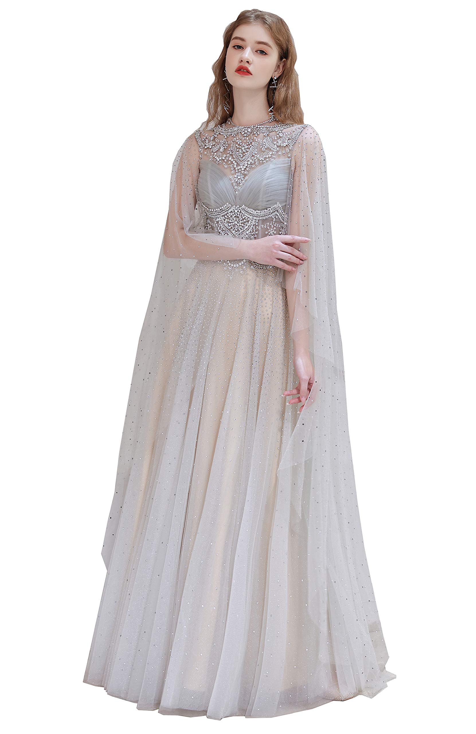 Elegant Women's A-Line Beaded Sequins Tulle Evening Gown with Detachable Shawl - Perfect for Prom, Wedding Guest, Cocktail Party & Formal Occasions