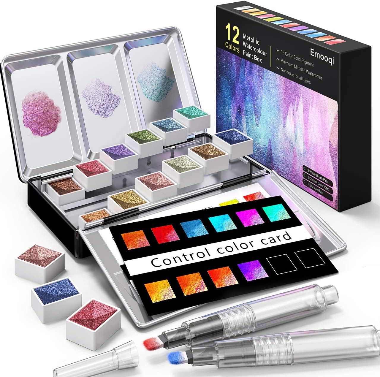 Emooqi 12-Color Metallic Watercolor Paint Set with Glitter - Includes 2 Water Brushes, 2 Color Cards & Storage Bag - Perfect for Illustration, Calligraphy, DIY Crafts & Art Projects