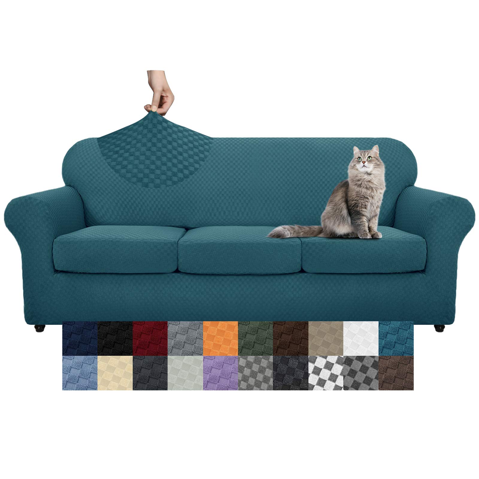 YEMYHOM 4-Piece Checkered Stretch Sofa Cover for 3-Cushion Couch - Thickened Pet-Friendly Elastic Slipcover, Teal (71
