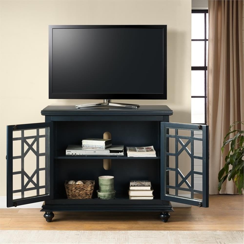 BOWERY HILL 38 Inch Traditional Wood TV Stand - Catalina Blue Finish for Living Room, Bedroom & Home Theater Entertainment Centers