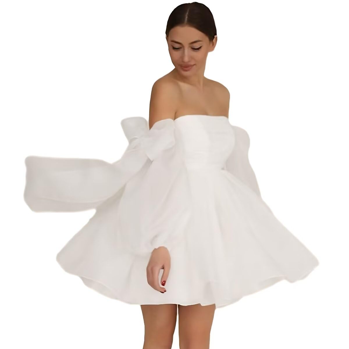 Elegant Short Wedding Dresses for Bride - Long Sleeve Organza Bridal Gown with Pleated Off-Shoulder Design & Bow Detail | Perfect for Beach Weddings, Garden Ceremonies & Romantic Vow Renewals