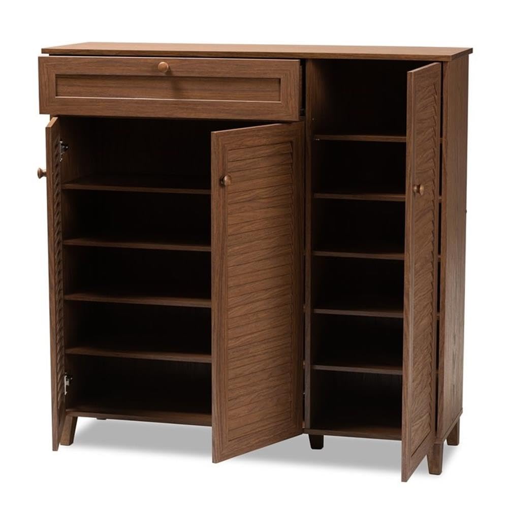 Baxton Studio Coolidge 11-Shelf Modern Shoe Storage Cabinet with Drawer - Walnut Finish Wooden Organizer for Entryway, Closet & Bedroom