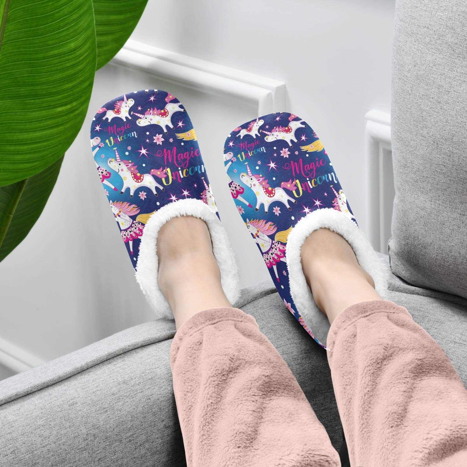 Women's & Men's Cozy Fleece House Slippers with Pink Flamingo & Rose Design - Warm Winter Indoor/Outdoor Slippers for Home, Office & Travel