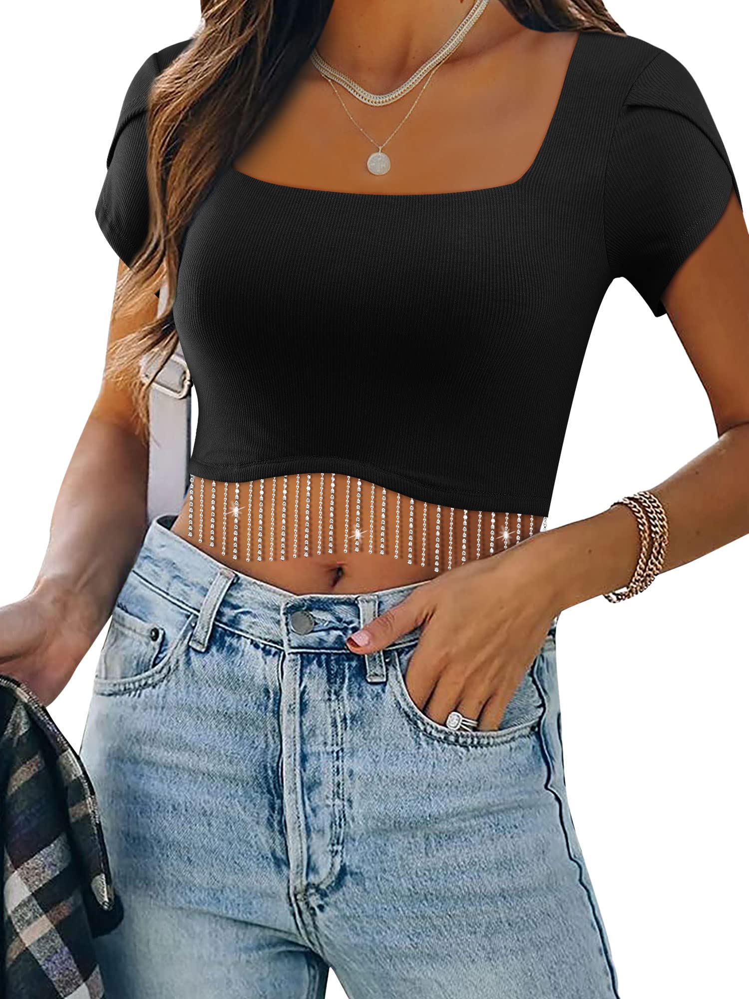 WLLW Women's Sparkly Rhinestone Fringe Petal Sleeve Crop Top - Square Neck Glitter Tassel Shirt for Party, Club, Festival & Night Out