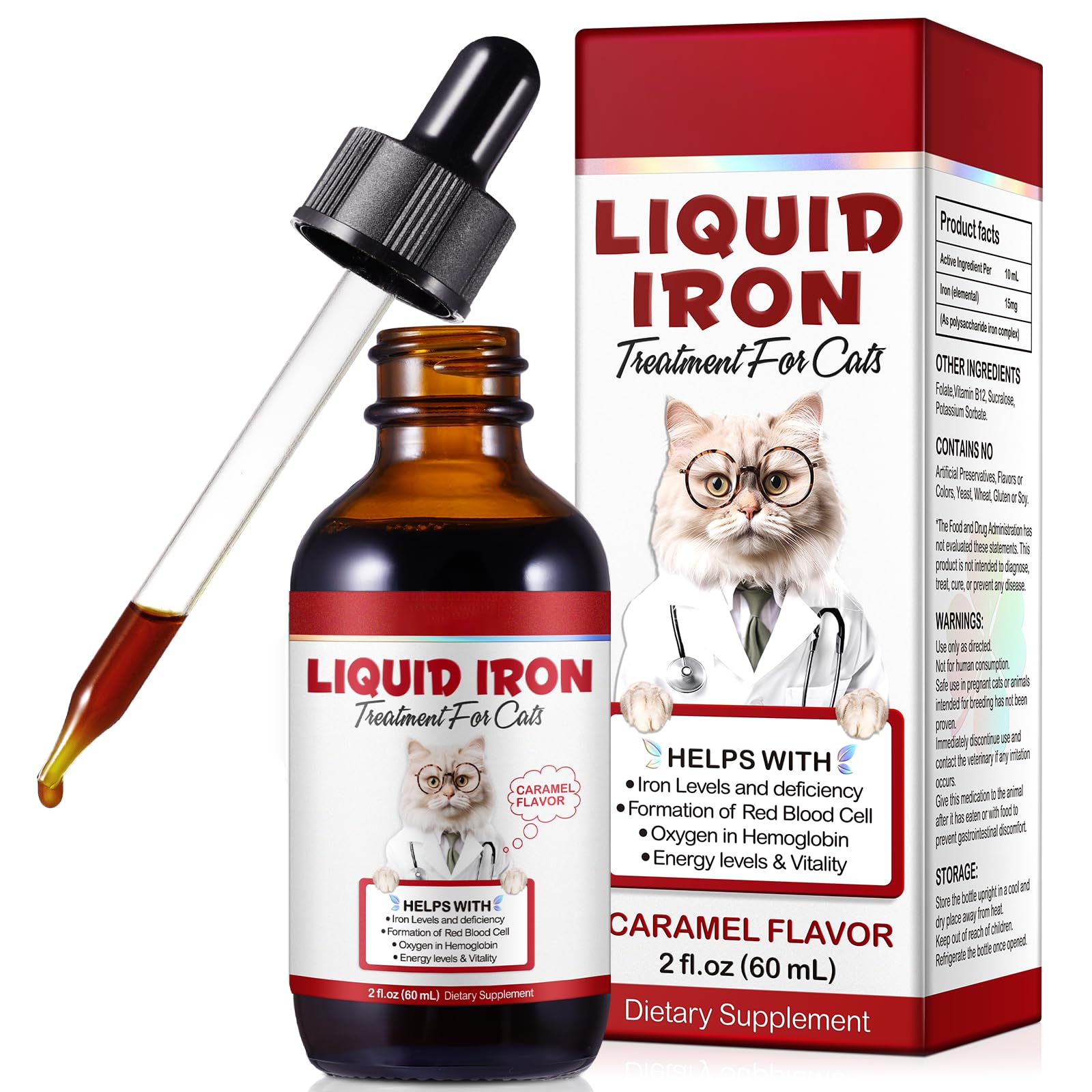 JSBNQRMZ Liquid Iron Supplement for Cats - 60ML Cat Vitamin with Vitamin C & B12 - Supports Anemia & Blood Health - Promotes Red Blood Cell Formation - Ideal for Weak or Anemic Felines - Perfect for Daily Health Maintenance & Recovery