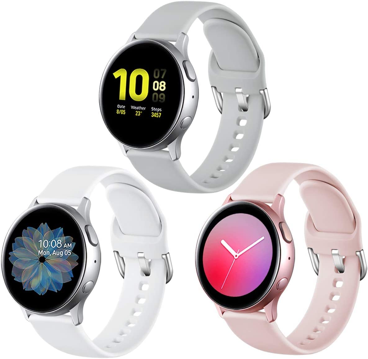 Lerobo 20mm Silicone Sport Replacement Watch Bands - Compatible with Samsung Galaxy Watch 3 (41mm), Galaxy Watch (42mm), Active 2 (40mm/44mm) - 3 Pack (Gray, White, Pink Sand) - Soft Durable Strap for Running, Swimming & Everyday Wear