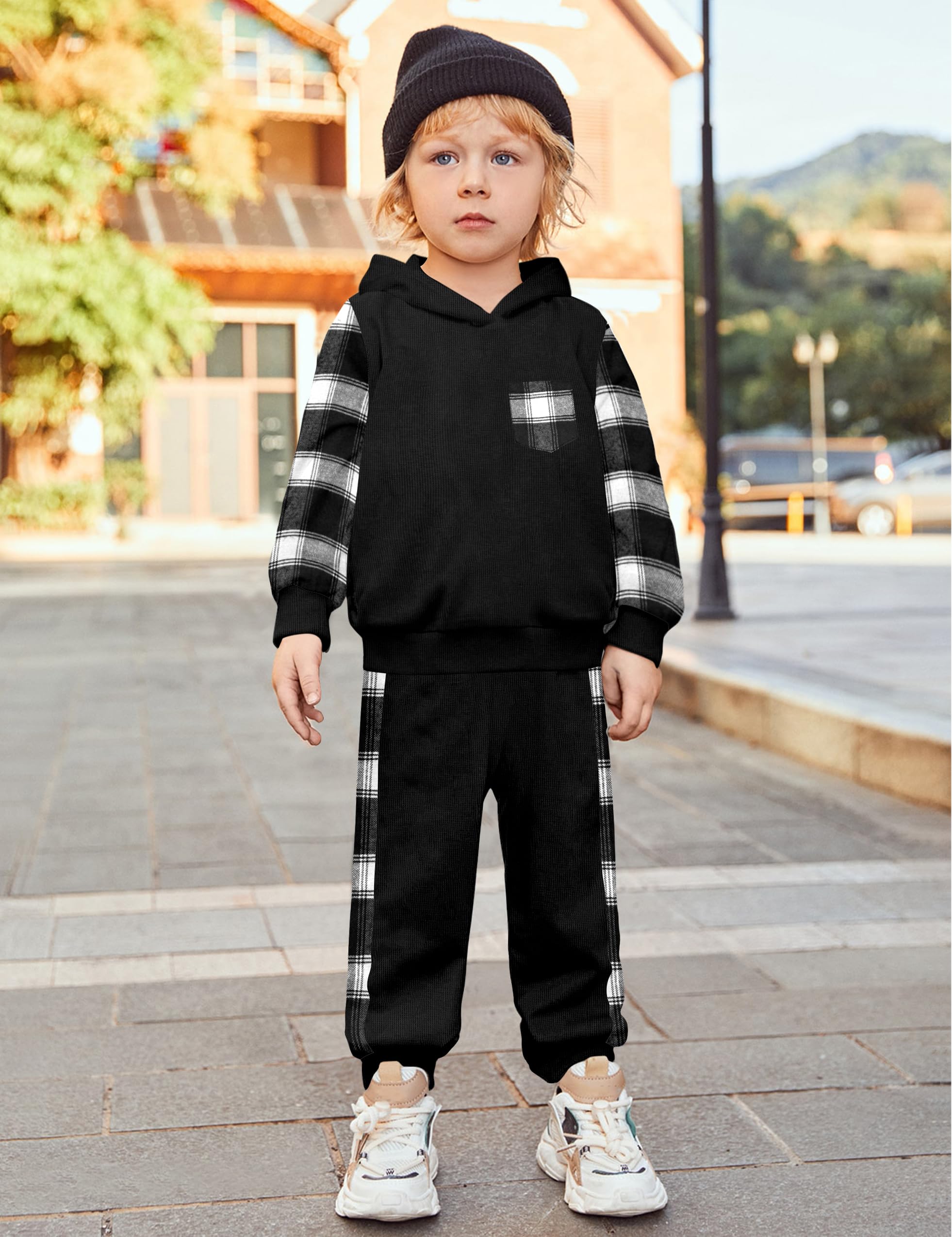 Boys' Waffle Plaid Hoodie & Patchwork Casual Pants 2-Piece Set - Warm Fall Winter Outfits with Pockets for Toddlers | Playdates, Preschool & Outdoor Activities