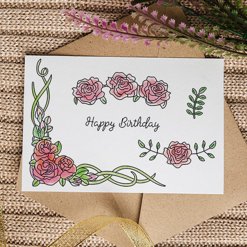 Threetols Spring Flower Frame Clear Stamps Set - Rose & Leaves Rubber Stamps for DIY Card Making, Scrapbooking, Paper Crafts - Perfect for Holiday Cards, Wedding Invitations & Home Decor