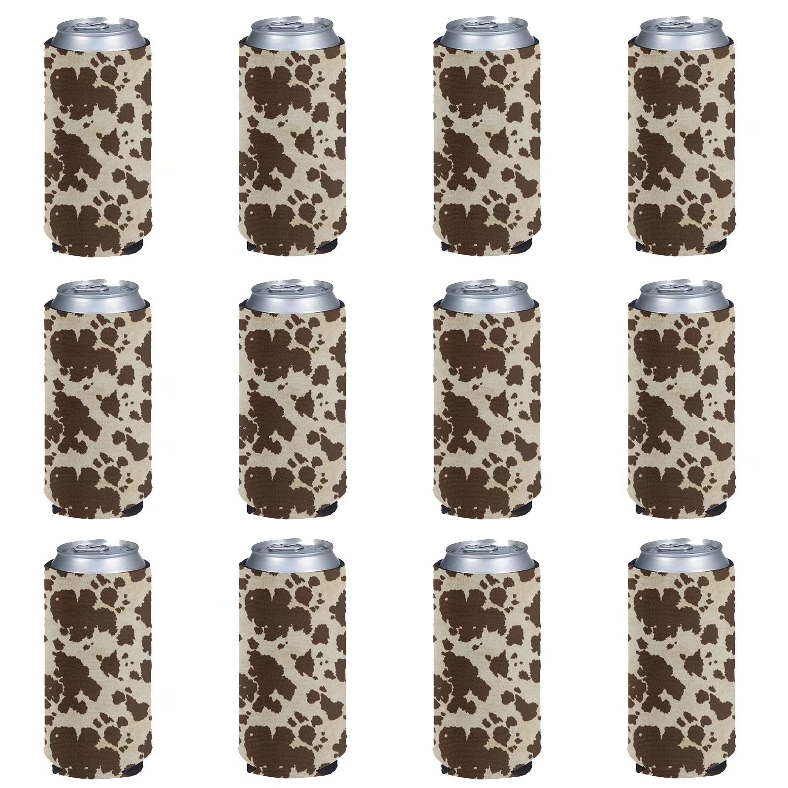 FUSURIRE Reusable Neoprene Insulated Beer Can Sleeves - 12 Pack Brown Cow Print Slim Bottle Covers for Soda & Beer | Perfect for Parties, Holidays & Outdoor Events