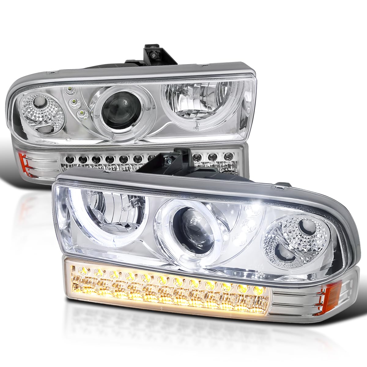 Spec-D Tuning Chrome Halo LED Projector Headlights + LED Bumper Lights for 1998-2004 Chevy S10 - Left & Right Pair Headlamp Assembly - Upgrade Your Truck's Style & Night Visibility for Off-Road & Street Driving