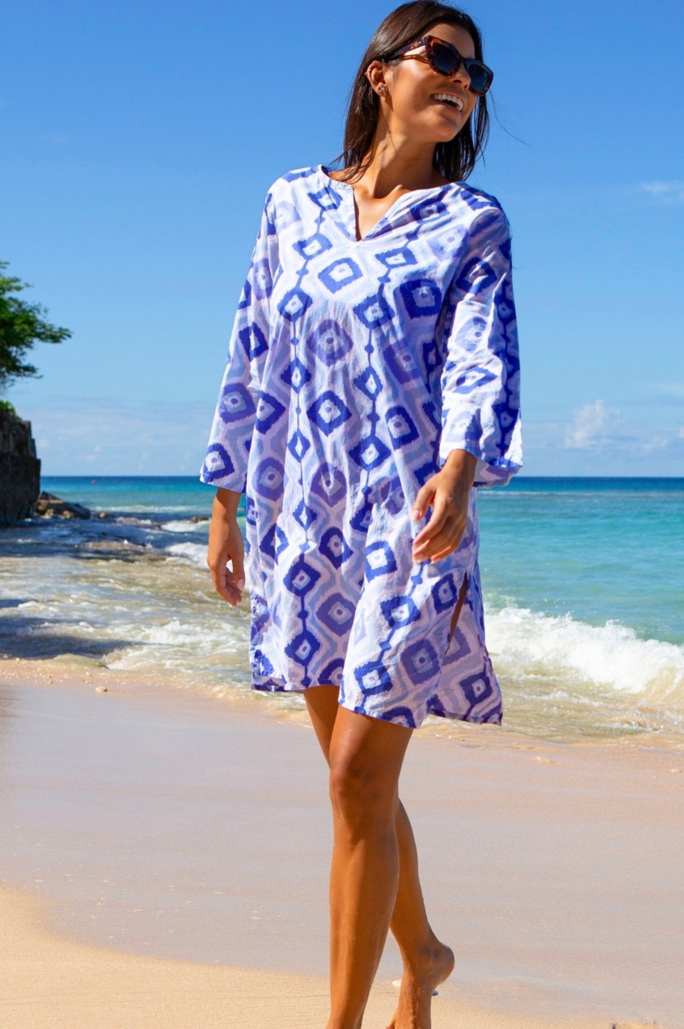 Guadalupe Organic Cotton Short Tunic Top - Diamond Ikat Blue/White Pattern - Breathable Summer Blouse for Women | Perfect for Beach, Vacation & Casual Outings