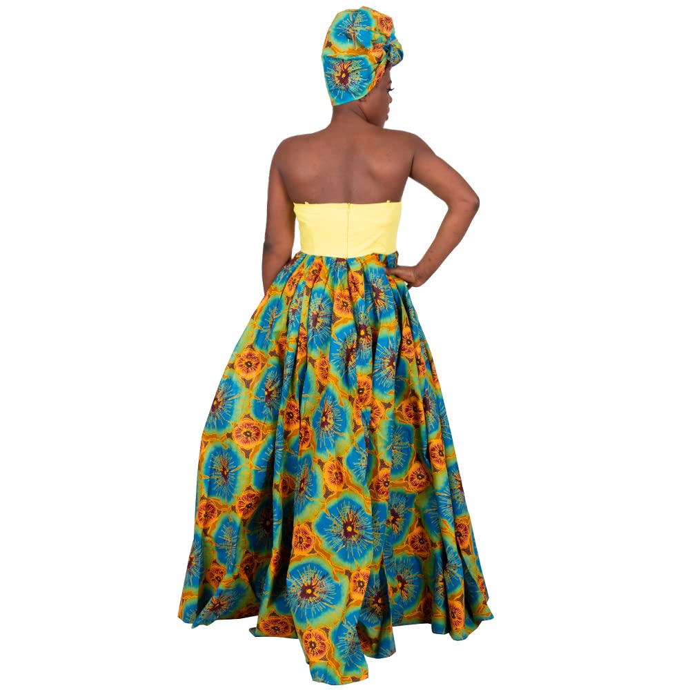 BAZINRICHE African Print Dashiki Ball Gown Dress for Women - Strapless Maxi Party Dress with Matching Headscarf (No Necklace Included) | Perfect for Weddings, Cultural Events & Special Occasions