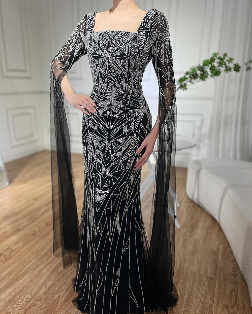 Luxury Dubai Arabic Nude Cape Sleeves Mermaid Saudi Evening Dresses Beaded Formal Party Gowns for Women - Elegant Wedding, Prom, Gala & Special Occasion Wear LA72261B