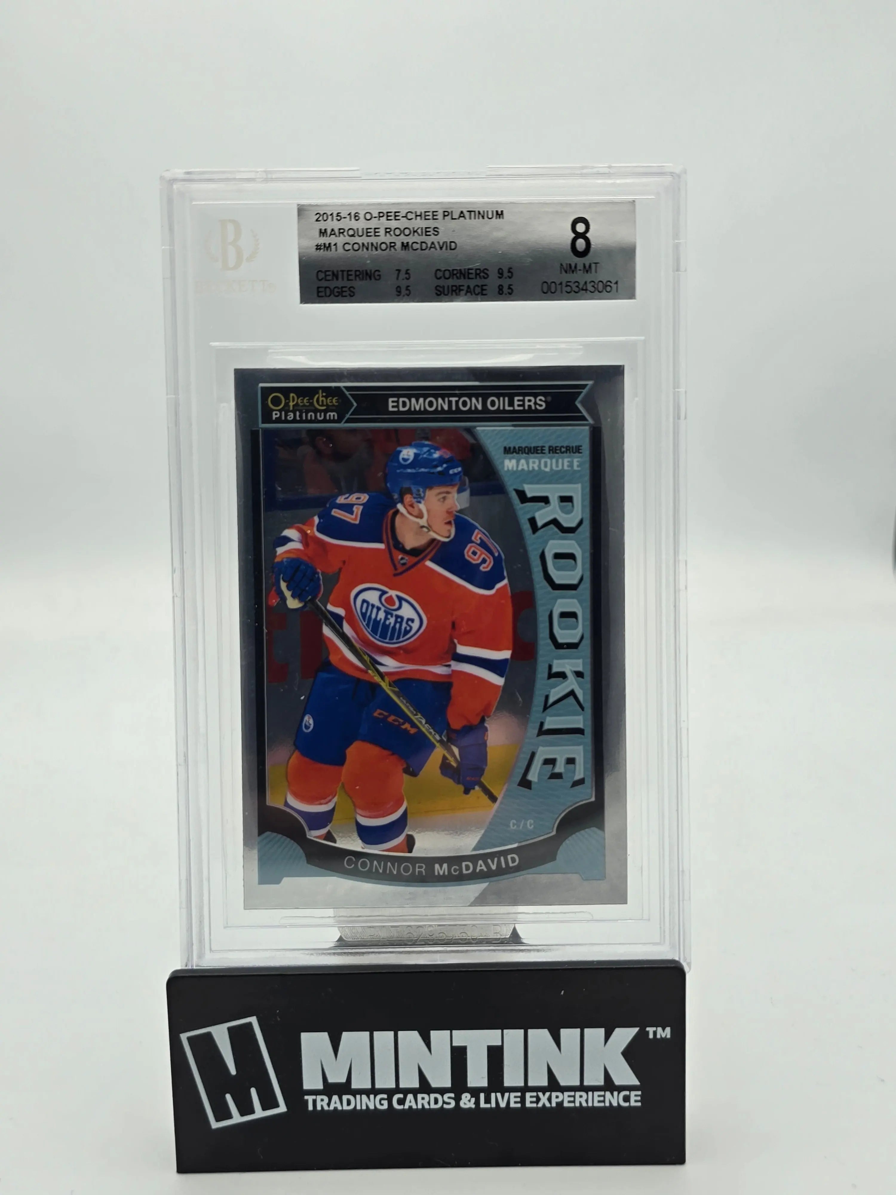 2015-16 O-Pee-Chee Platinum Marquee Rookies Connor McDavid RC BGS 8 Graded Hockey Card - Collectible for NHL Fans & Sports Memorabilia Enthusiasts - Perfect for Display, Trading, and Investment