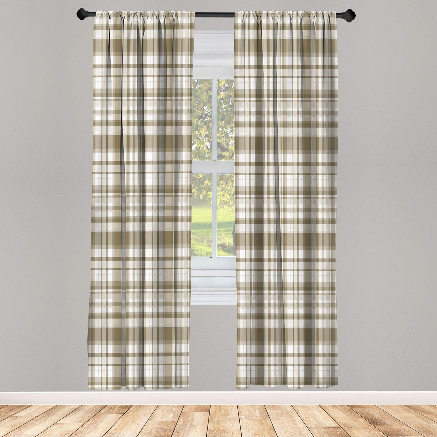 Ambesonne Plaid Window Curtains - Modern Striped Design with Crossed Horizontal & Vertical Lines Creating Square Patterns | Lightweight 2-Panel Set with Rod Pocket | 28