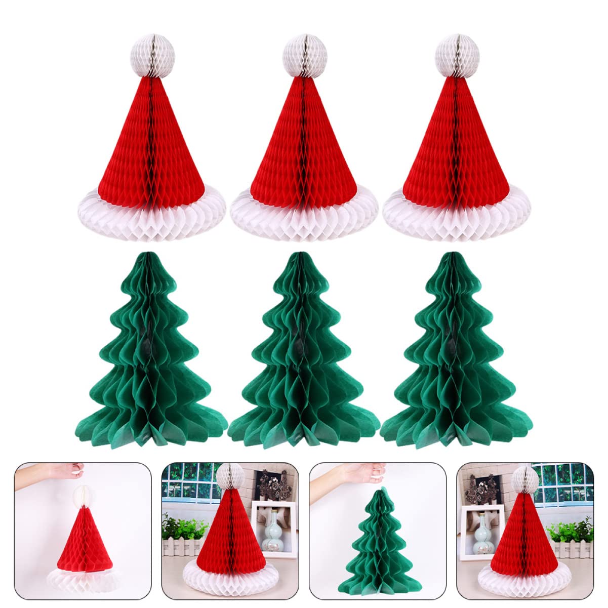 12 Pcs Christmas Honeycomb Tissue Paper Ornaments - Santa Hats & Tree Decorations for Holiday Party, Home, Office & Gift Wrapping | Festive DIY Xmas Craft Supplies