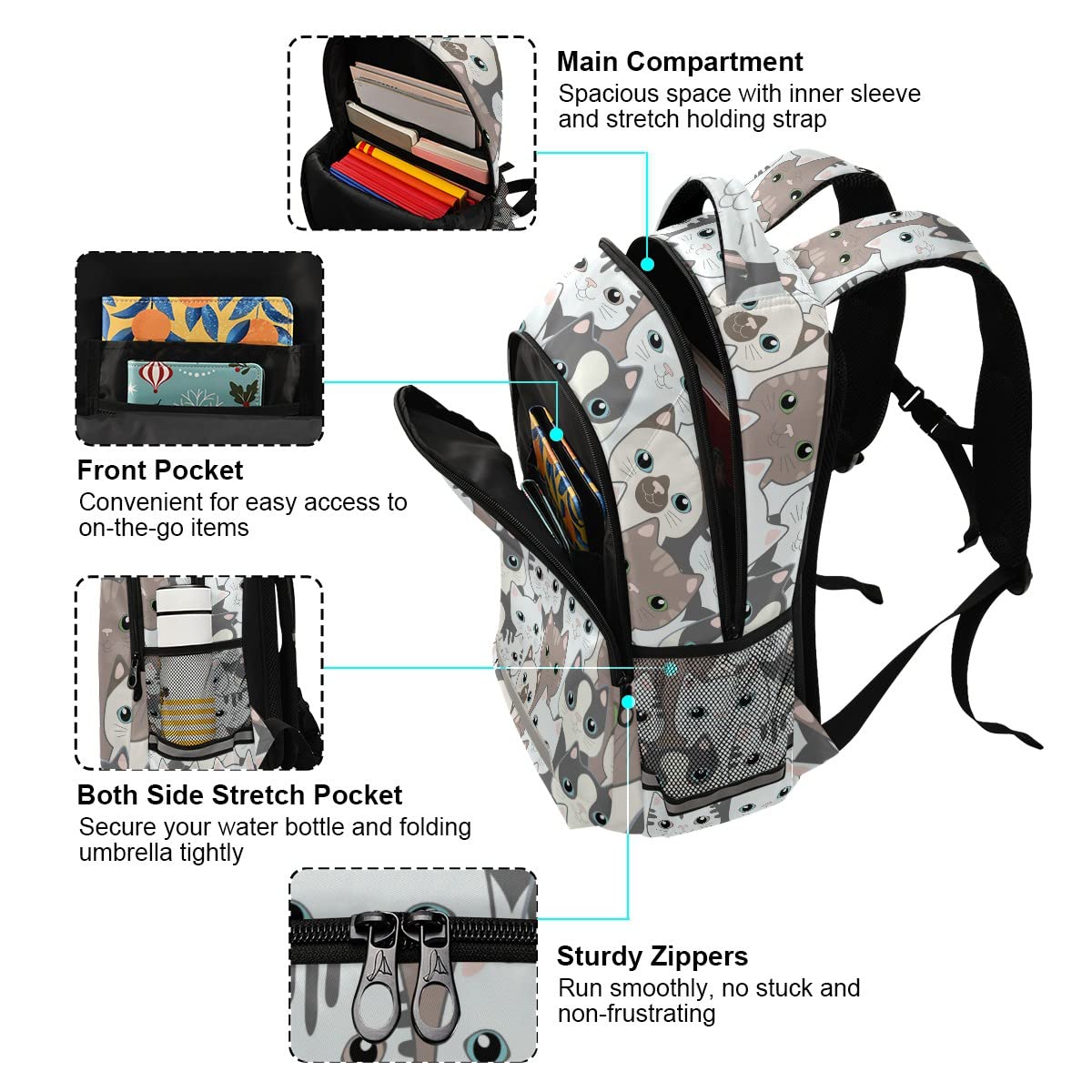 17 Inch Cat Backpack for School - Cute Kitten Bookbag for Boys & Girls, Durable Student Backpack for Daily Use, Travel & Outdoor Activities