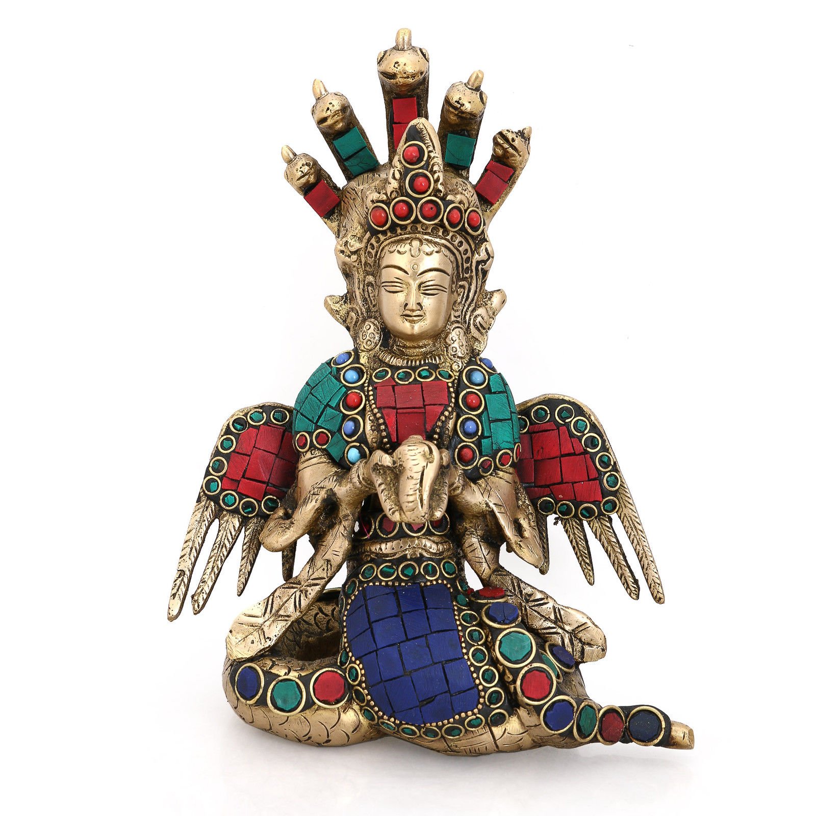Turquoise Nag Kanya Mansa Devi Handmade Brass Sculpture - Snake Goddess Statue Idol for Home Altar, Feng Shui Gifts, Spiritual Decor & Meditation Space Enhancement