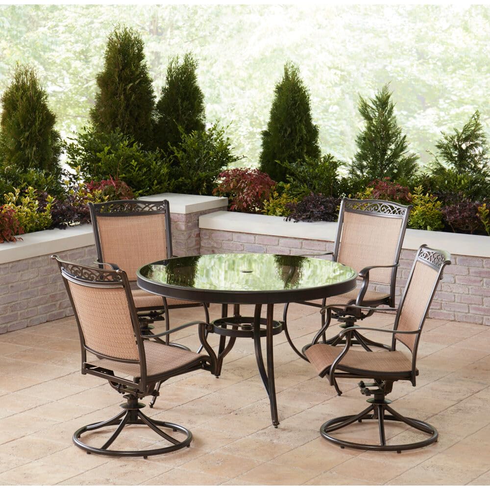 Hanover Fontana 5-Piece Outdoor Dining Set with Tan PVC Sling Swivel Rocker Chairs & 47