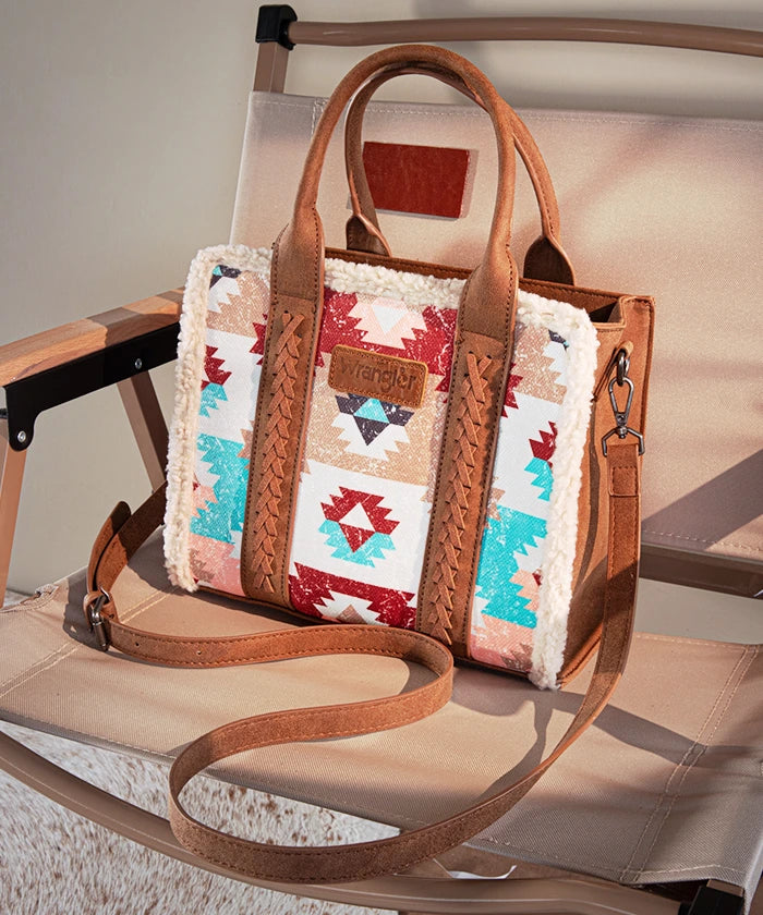 Wrangler Aztec Sherpa Trim Crossbody Purse Set for Women - Stylish Boho Shoulder Bag with Fringe Detail - Perfect for Casual Outings, Music Festivals & Travel Accessories