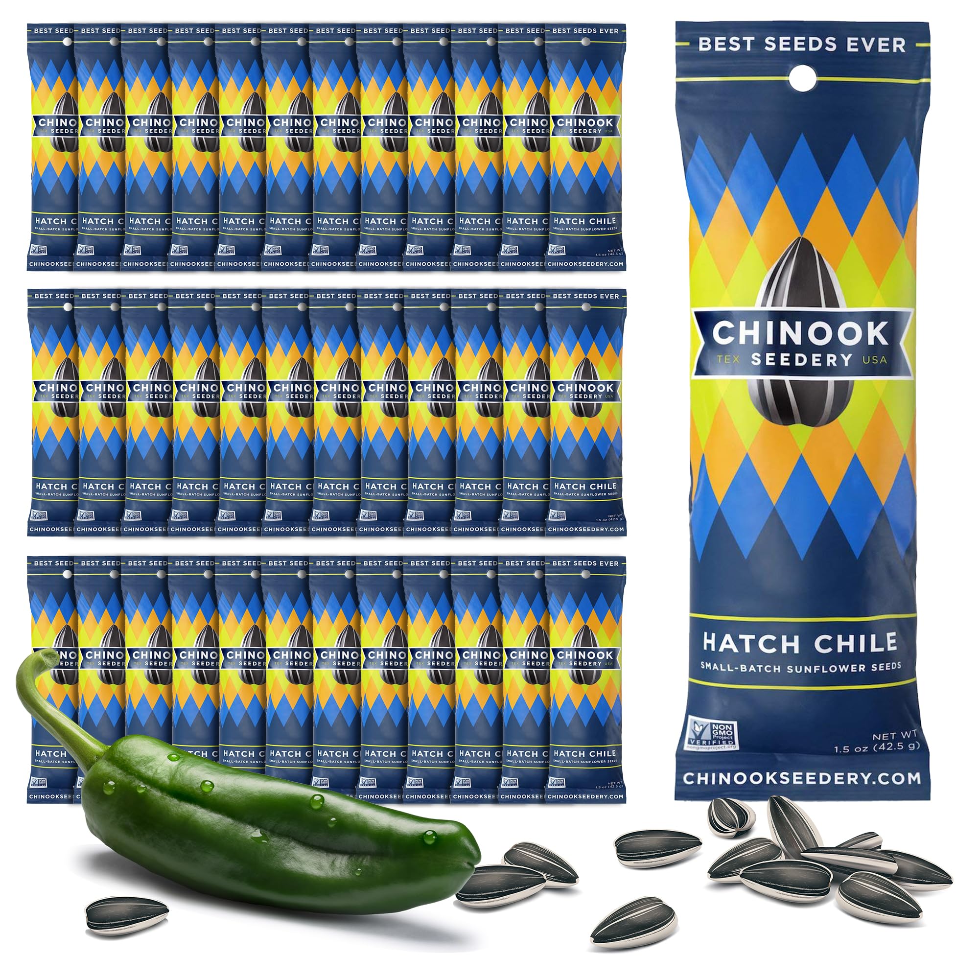 Chinook Seedery Roasted Sunflower Seeds - Jumbo Low Sodium Keto Snacks, Gluten Free & Non GMO - 1.5 oz (Pack of 36) Hatch Green Chile - Perfect for Hiking, Baseball Games, School Lunches & Healthy On-the-Go Snacking