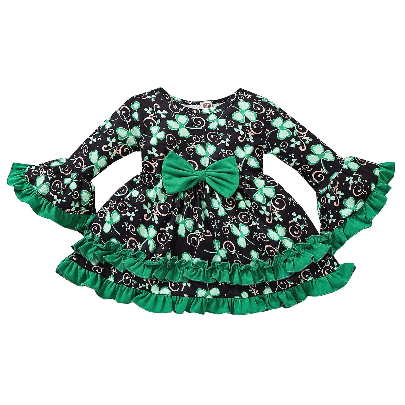St. Patrick's Day Baby Girl Dress - Floral Print Princess Dress with Ruffles & Flare Sleeves | Soft Knot Bow Toddler Dress for 6-12 Months | Perfect for Holiday Photos, Parties & Special Occasions (Black)