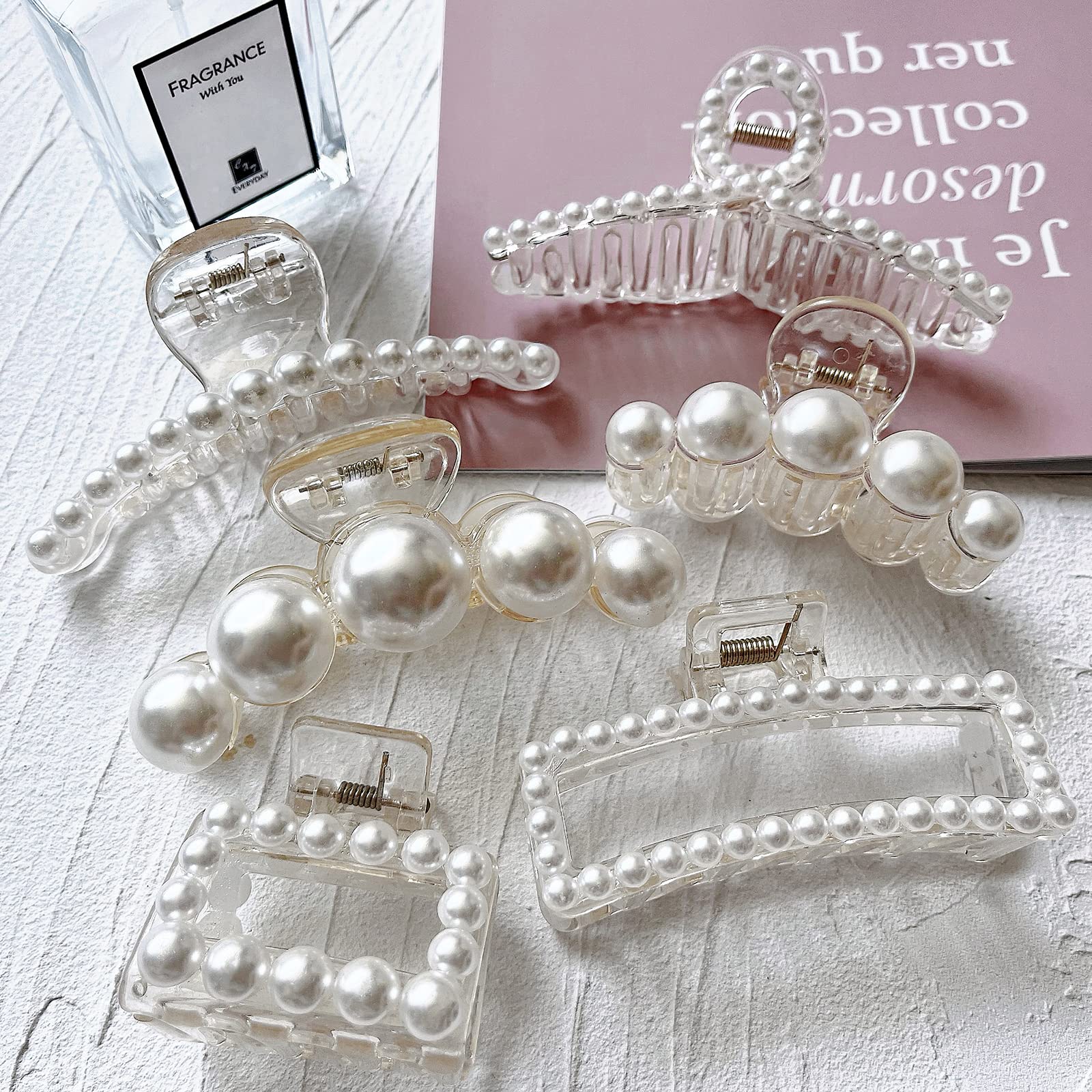 6 Pcs Large Pearl Claw Clips for Thick Hair - Non-Slip Jaw Clips for Wedding, Prom & Special Occasions - Elegant Hair Accessories for Women & Girls (White) - Perfect for Updos, Half-Up Styles & Everyday Wear